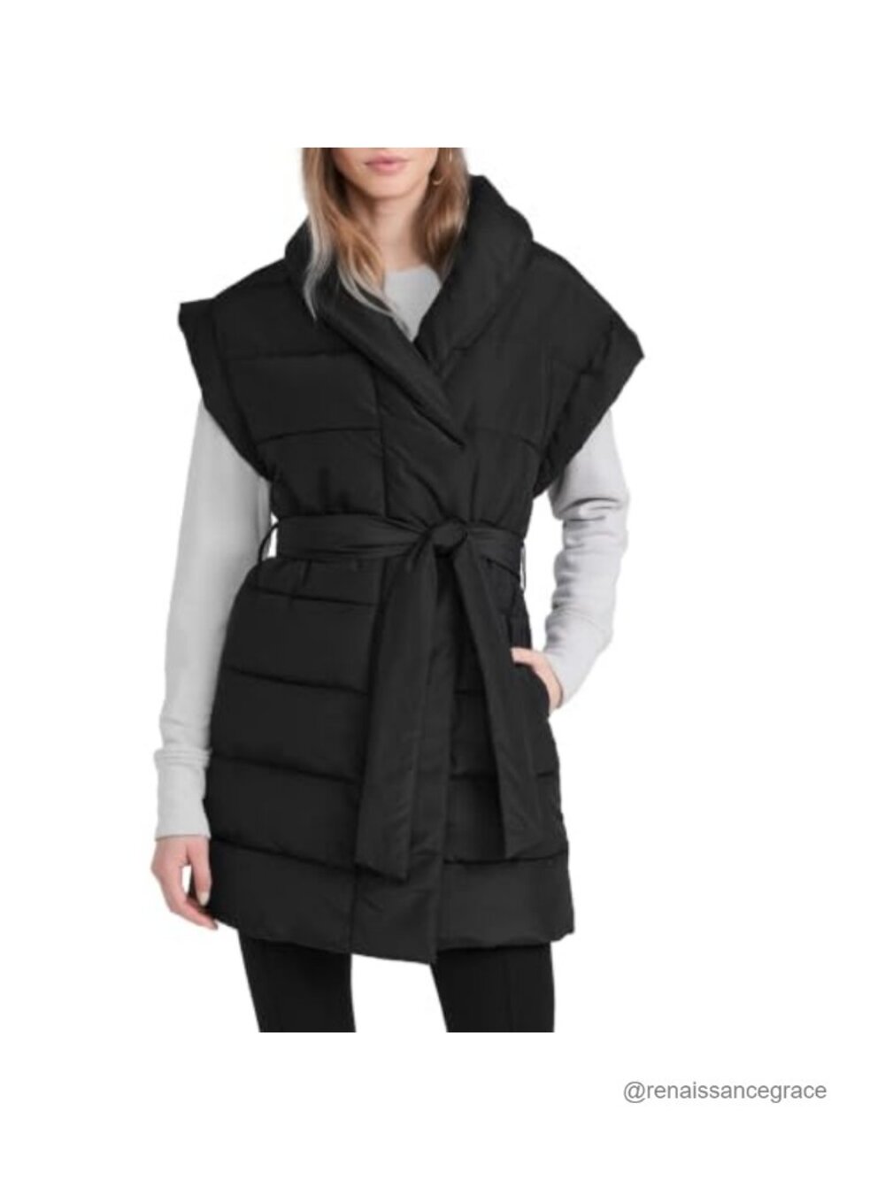 Oversized Long Quilted Puffer Vest Cap Sleeve Button Down Belted Women